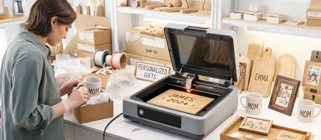Small e-commerce team packing engraved gifts